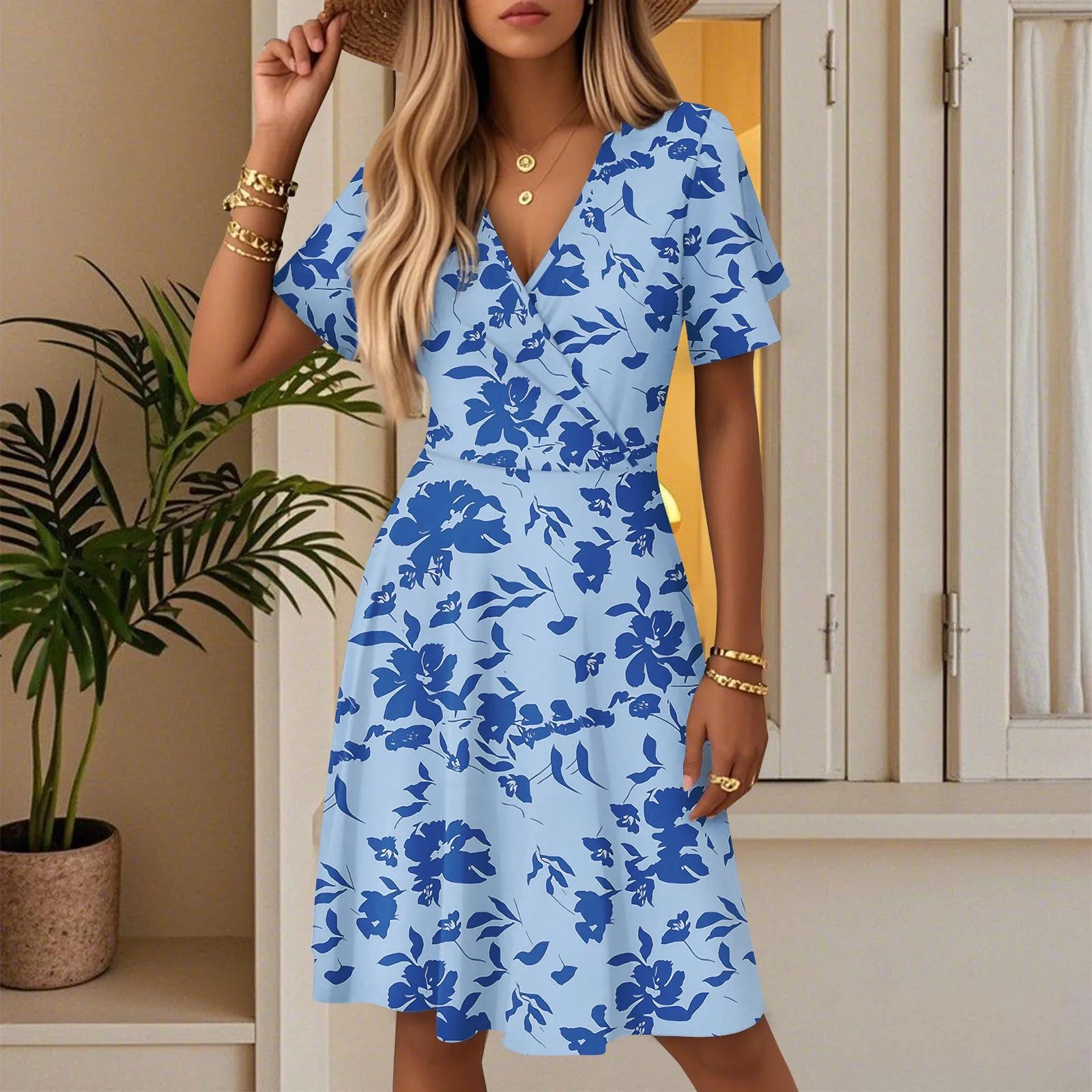 Women's Floral Short Sleeves Long Dress V-neck Sexy Casual Loose Elegant Dress Beach Hawaiian Holiday