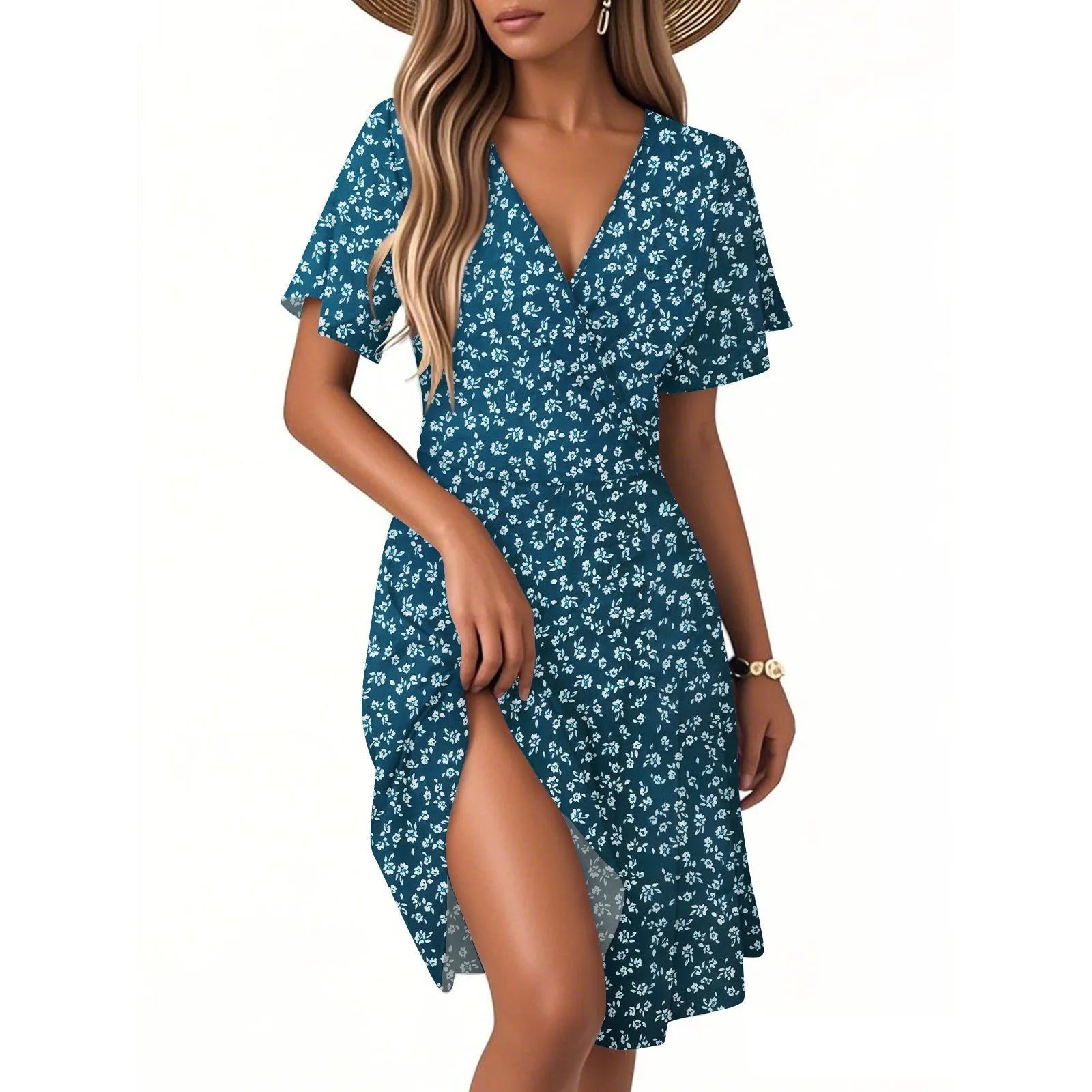 Women's Floral Short Sleeves Long Dress V-neck Sexy Casual Loose Elegant Dress Beach Hawaiian Holiday