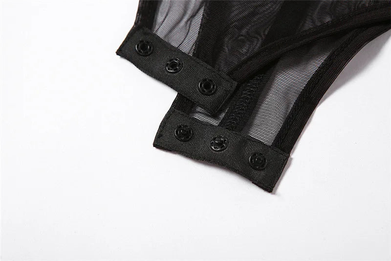Black Bodysuit Lingerie  Body Feminino See Through Corset Top Women Rave Outfit Mesh Patchwork One-Pieces Lenceria Femenina