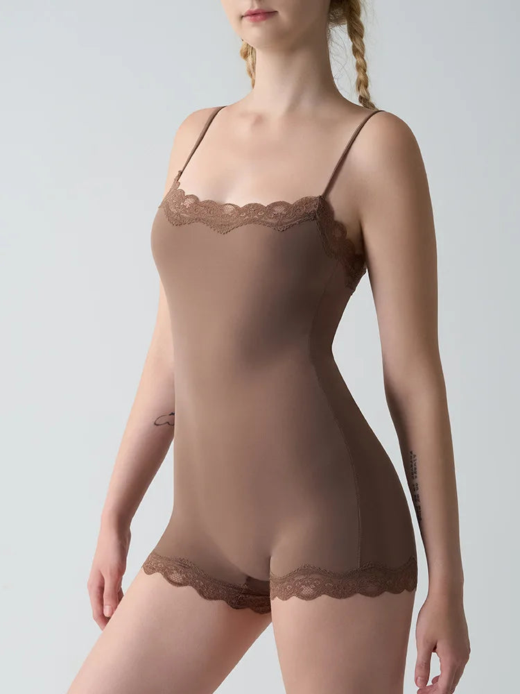 Women Lace Bodysuit Shaperwear Square Neck Sleeveless Spaghetti Strap Jumpsuit Slimming Bodycon Rompers Tank Tops