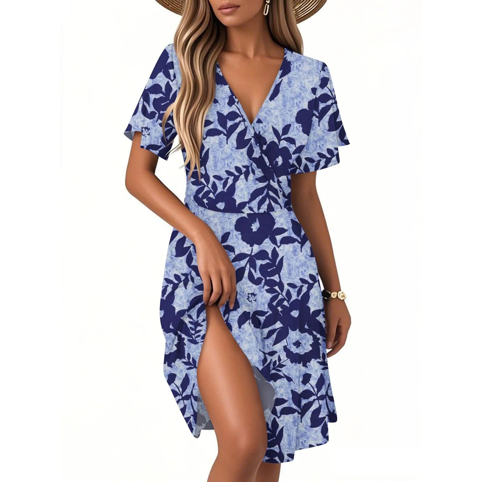 Women's Floral Short Sleeves Long Dress V-neck Sexy Casual Loose Elegant Dress Beach Hawaiian Holiday