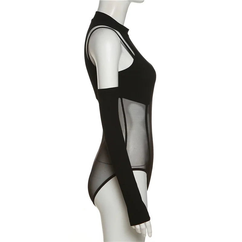 Black Bodysuit Lingerie  Body Feminino See Through Corset Top Women Rave Outfit Mesh Patchwork One-Pieces Lenceria Femenina