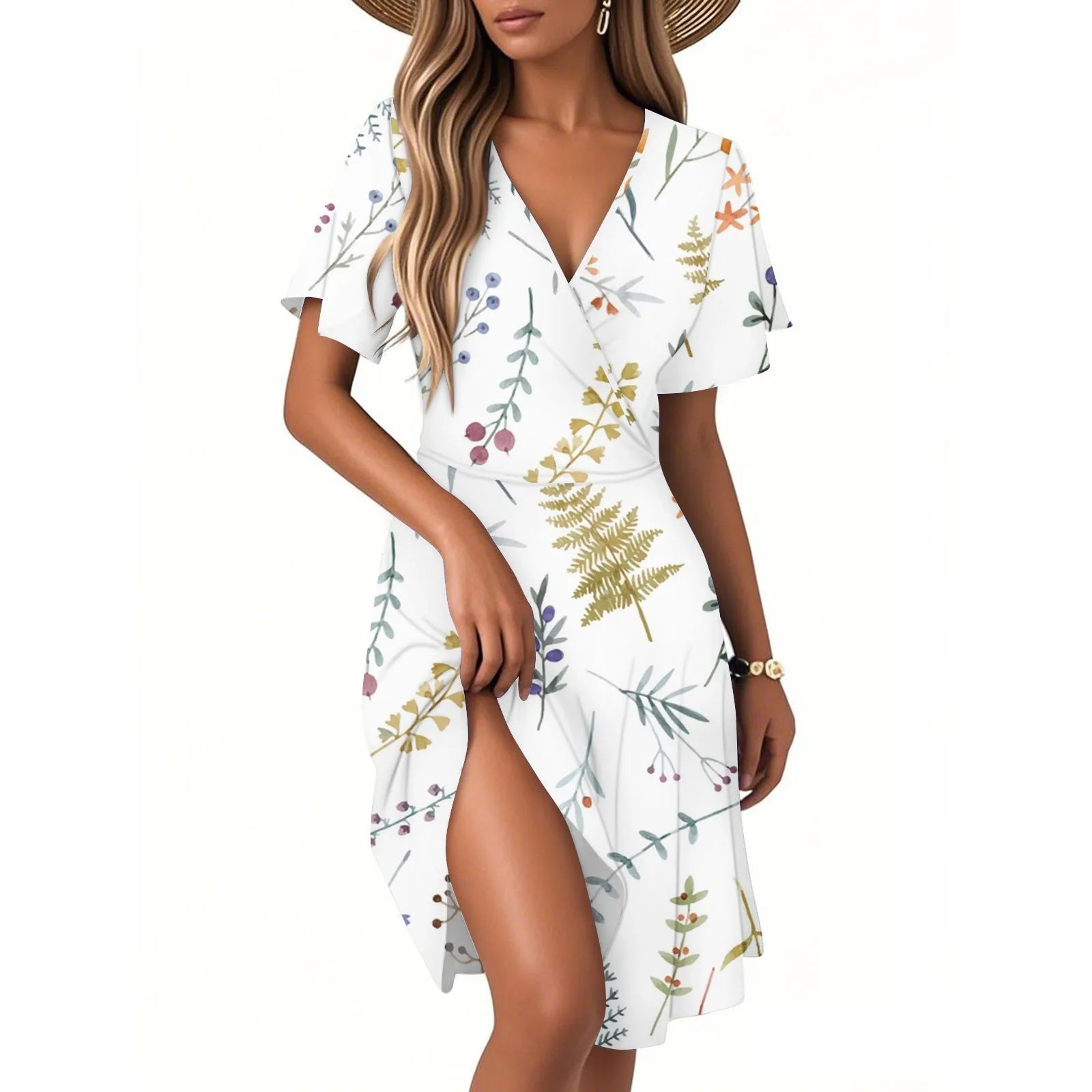 Women's Floral Short Sleeves Long Dress V-neck Sexy Casual Loose Elegant Dress Beach Hawaiian Holiday