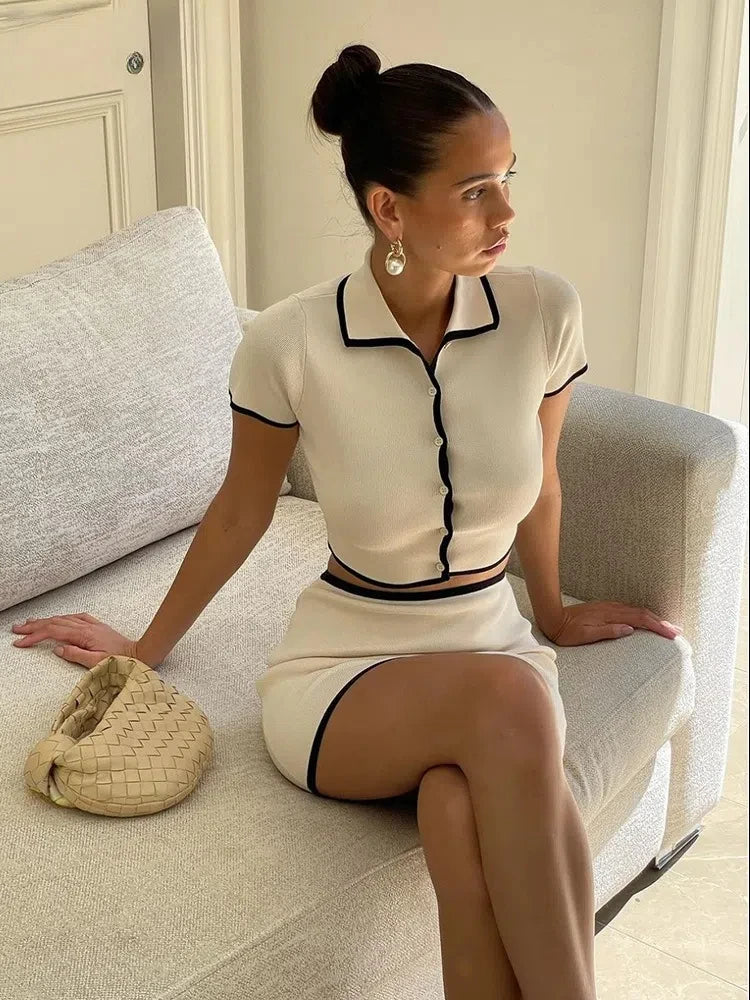 Weird Puss Ribbed Women 2 Piece Set Polo Neck Button Shorts Crop Tops+Mini Skirts Matching Stretch Elegant Streetwear Outfits