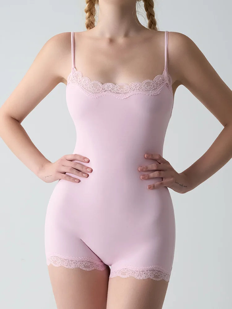 Women Lace Bodysuit Shaperwear Square Neck Sleeveless Spaghetti Strap Jumpsuit Slimming Bodycon Rompers Tank Tops