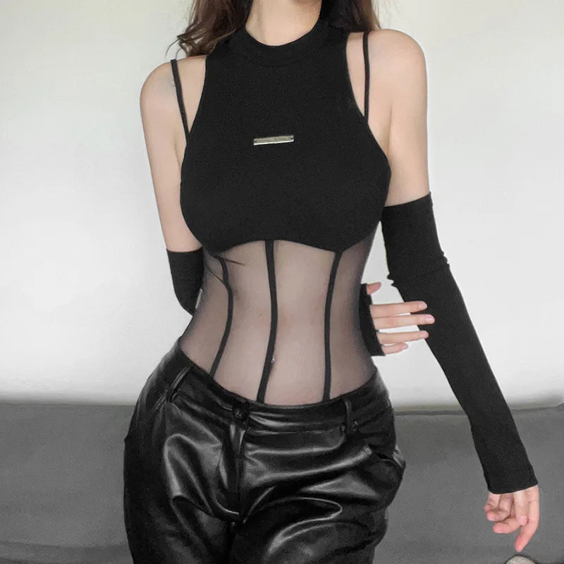 Black Bodysuit Lingerie  Body Feminino See Through Corset Top Women Rave Outfit Mesh Patchwork One-Pieces Lenceria Femenina