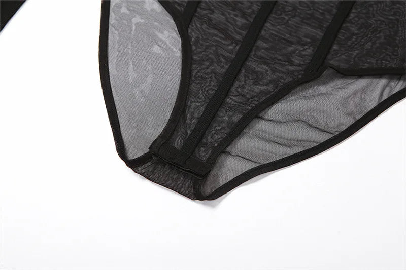 Black Bodysuit Lingerie  Body Feminino See Through Corset Top Women Rave Outfit Mesh Patchwork One-Pieces Lenceria Femenina