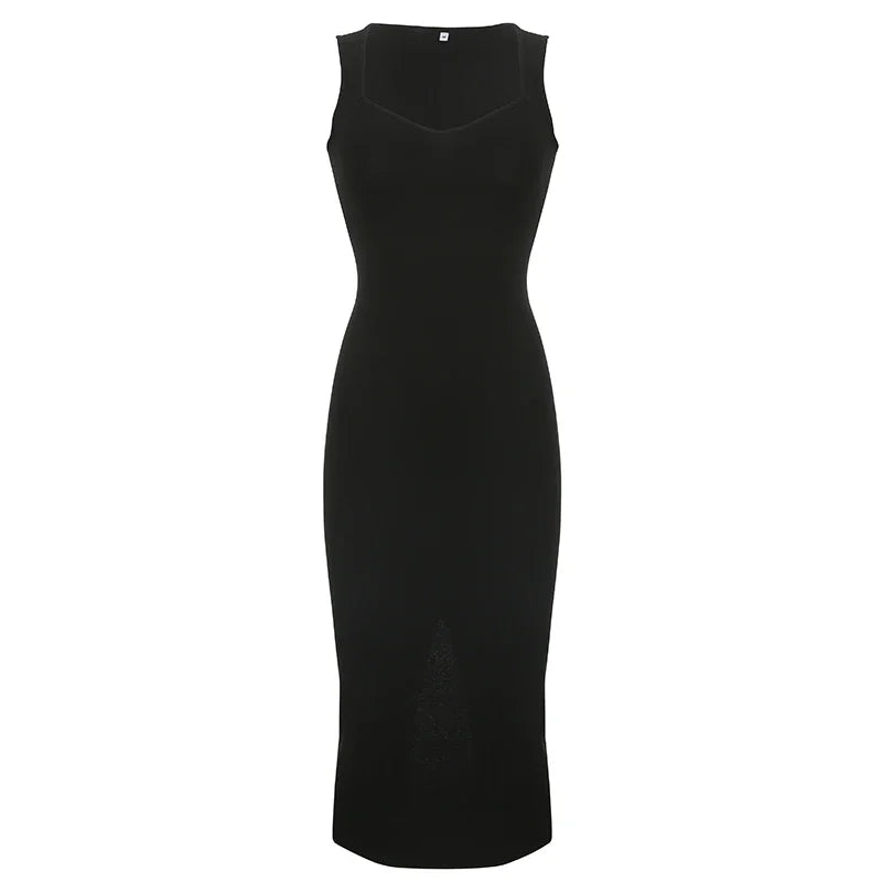 2025 Basic Knit Long Dress Korean Fashion Square Collar Sleeveless Women's Dresses Summer.