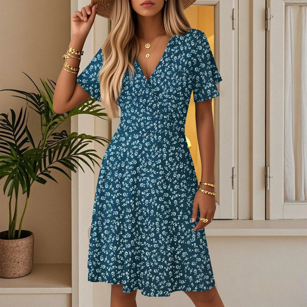 Women's Floral Short Sleeves Long Dress V-neck Sexy Casual Loose Elegant Dress Beach Hawaiian Holiday
