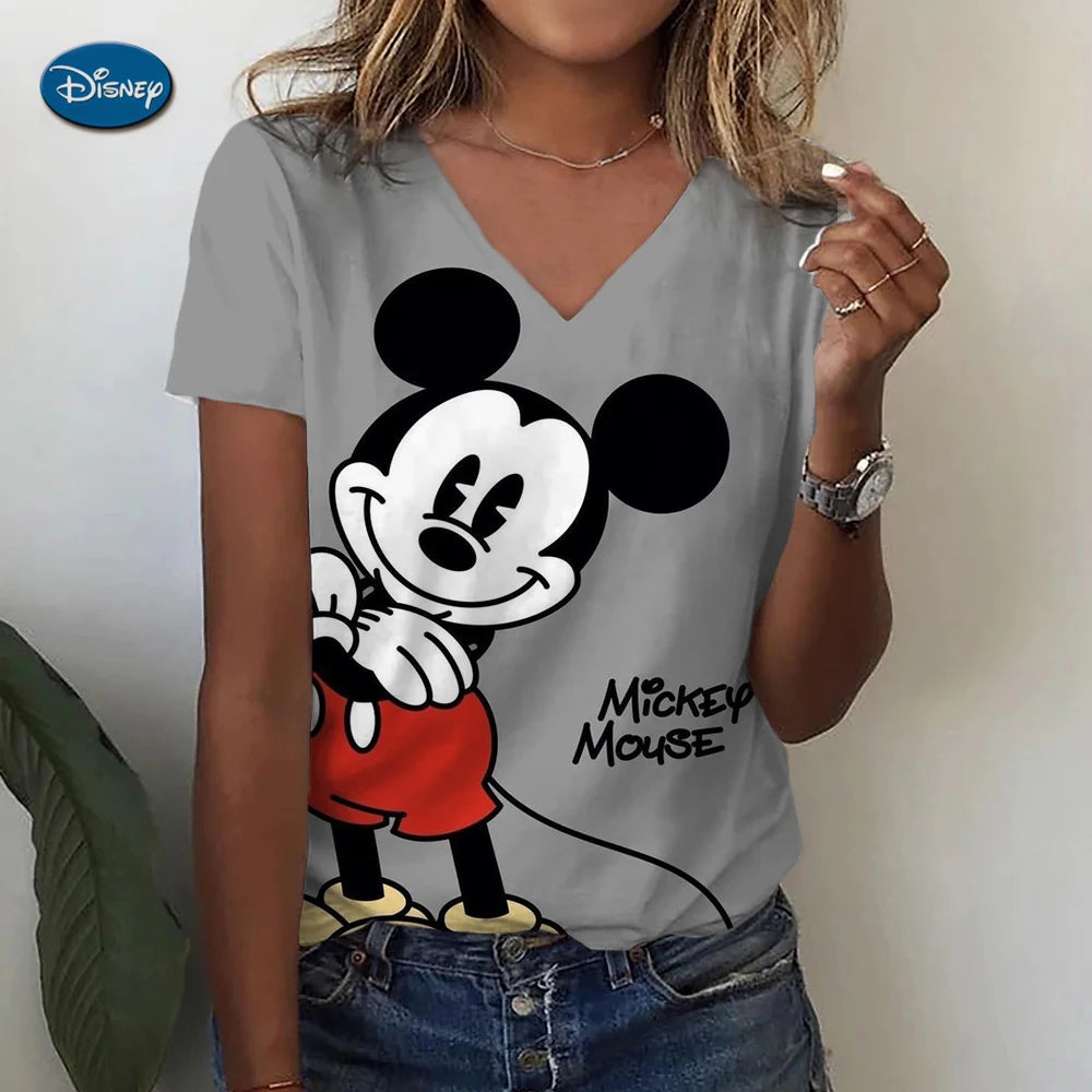 Women's T-shirts Disney Mickey Mouse 3D print New V-neck Short Sleeve Summer Casual