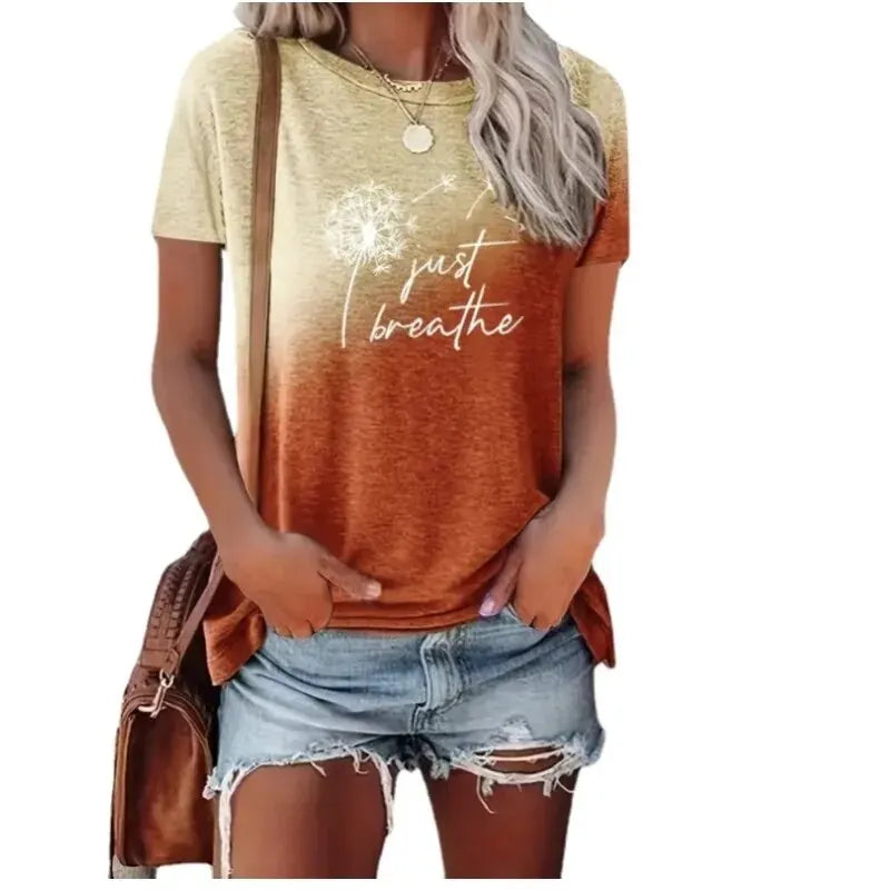2025 New Spring Summer Women's T Shirt--Dandelion Gradient Printed Top Fashion Clothing Short Sleeve Matching  Clothes