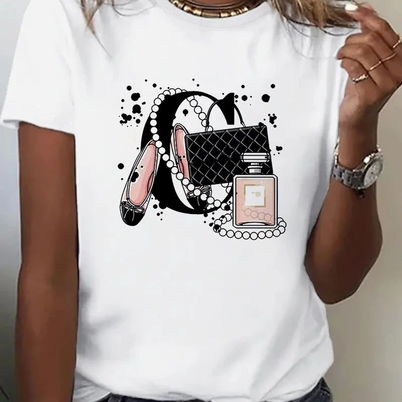 Women's T Shirt Summer Fashion Girl Bag Printed Ladies T-shirt Casual Short Sleeve Female Clothing Top Tee White T-shirt