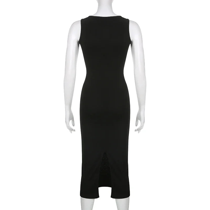 2025 Basic Knit Long Dress Korean Fashion Square Collar Sleeveless Women's Dresses Summer.