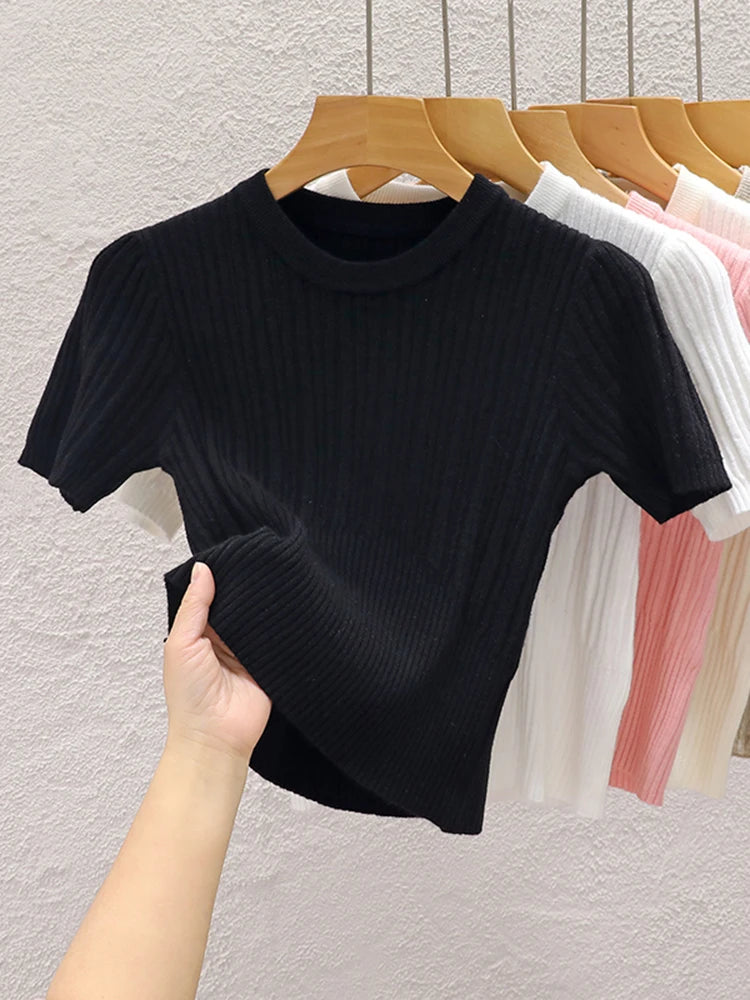 2025 Summer T shirts for Women Casual Female Korean Knit Streetwear Tees Basic Solid Young Cool Tops