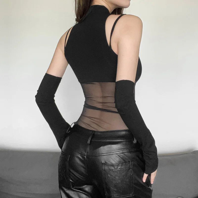 Black Bodysuit Lingerie  Body Feminino See Through Corset Top Women Rave Outfit Mesh Patchwork One-Pieces Lenceria Femenina
