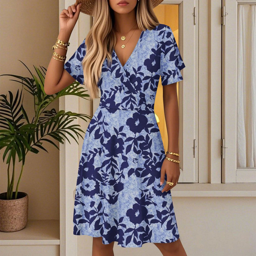Women's Floral Short Sleeves Long Dress V-neck Sexy Casual Loose Elegant Dress Beach Hawaiian Holiday