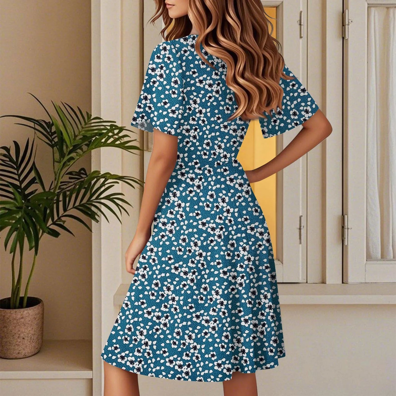 Women's Floral Short Sleeves Long Dress V-neck Sexy Casual Loose Elegant Dress Beach Hawaiian Holiday