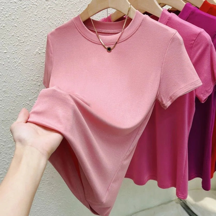 Crew Neck Fashion Women T-Shirt Street Casual, T-Shirt Solid Plus Size Top Tees Sexy Slim Summer Short Sleeve Women's Clothing.