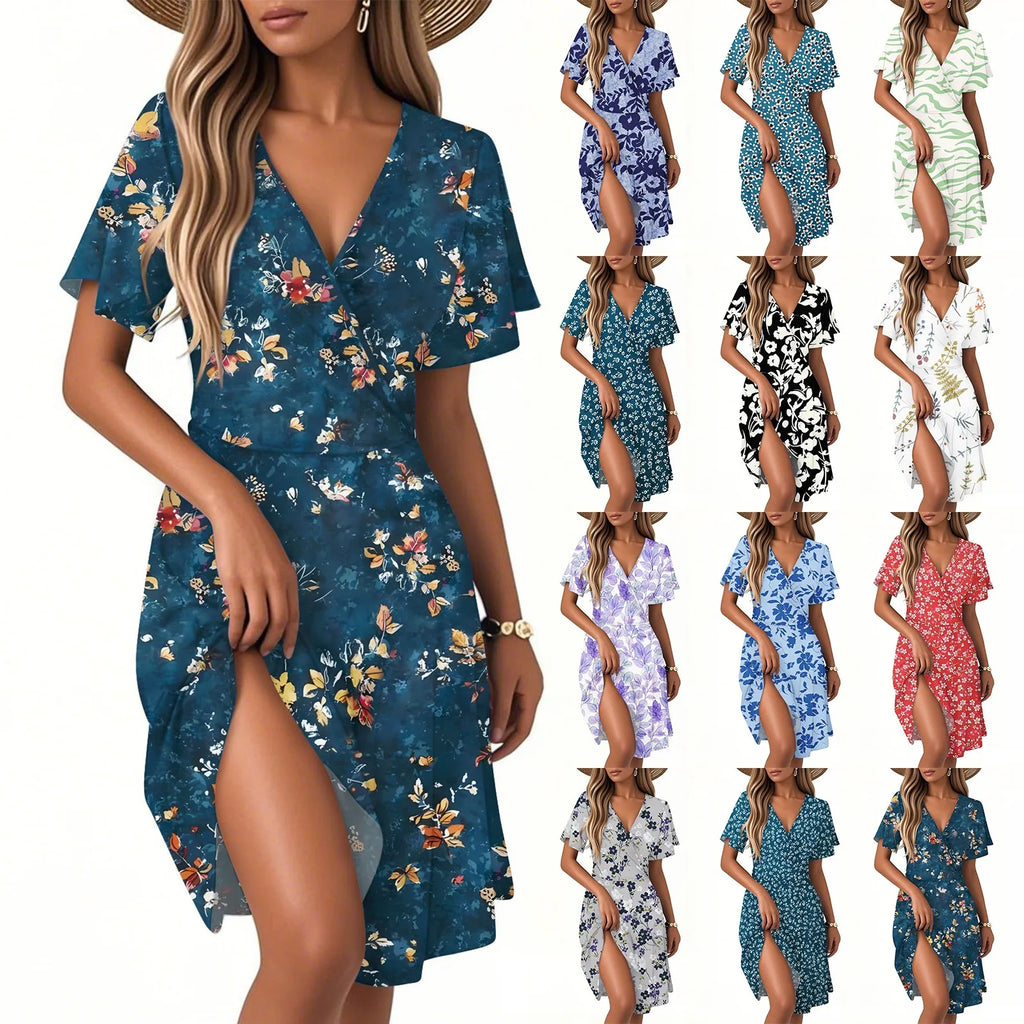 Women's Floral Short Sleeves Long Dress V-neck Sexy Casual Loose Elegant Dress Beach Hawaiian Holiday