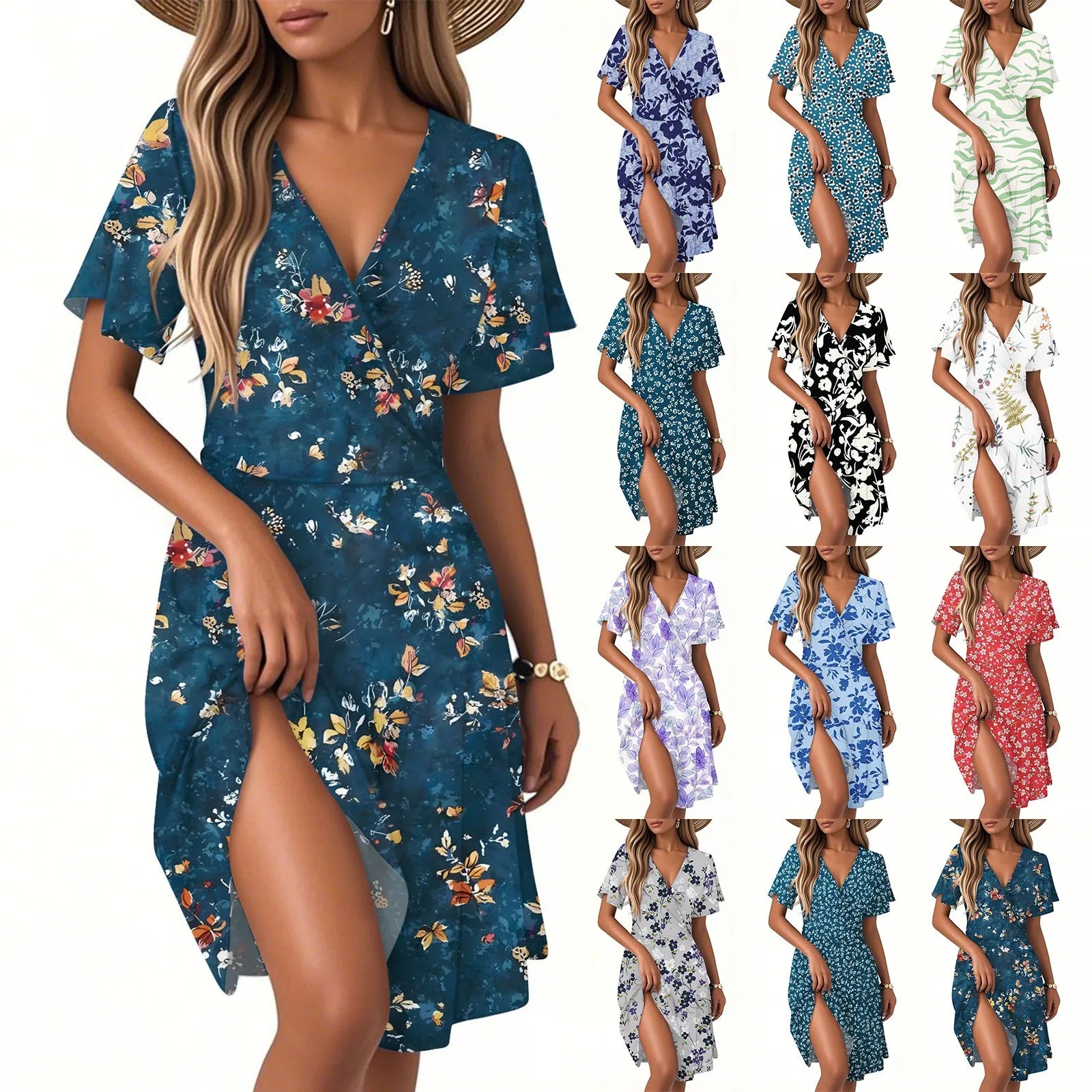Women's Floral Short Sleeves Long Dress V-neck Sexy Casual Loose Elegant Dress Beach Hawaiian Holiday