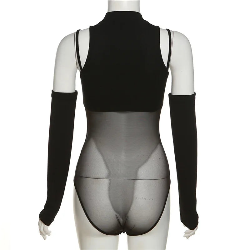 Black Bodysuit Lingerie  Body Feminino See Through Corset Top Women Rave Outfit Mesh Patchwork One-Pieces Lenceria Femenina
