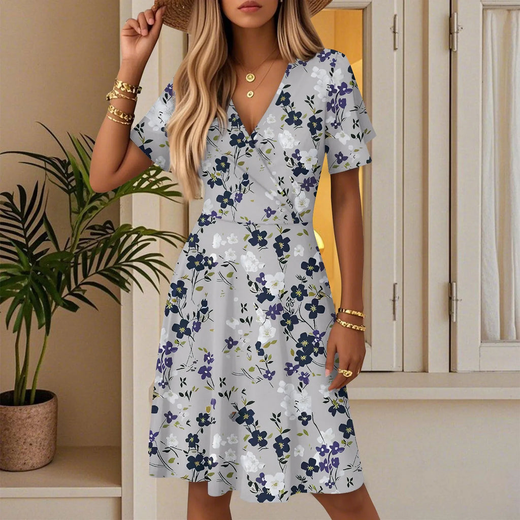 Women's Floral Short Sleeves Long Dress V-neck Sexy Casual Loose Elegant Dress Beach Hawaiian Holiday