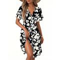 Women's Floral Short Sleeves Long Dress V-neck Sexy Casual Loose Elegant Dress Beach Hawaiian Holiday