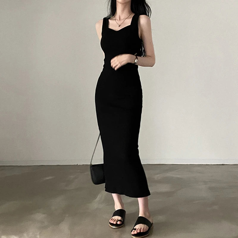 2025 Basic Knit Long Dress Korean Fashion Square Collar Sleeveless Women's Dresses Summer.