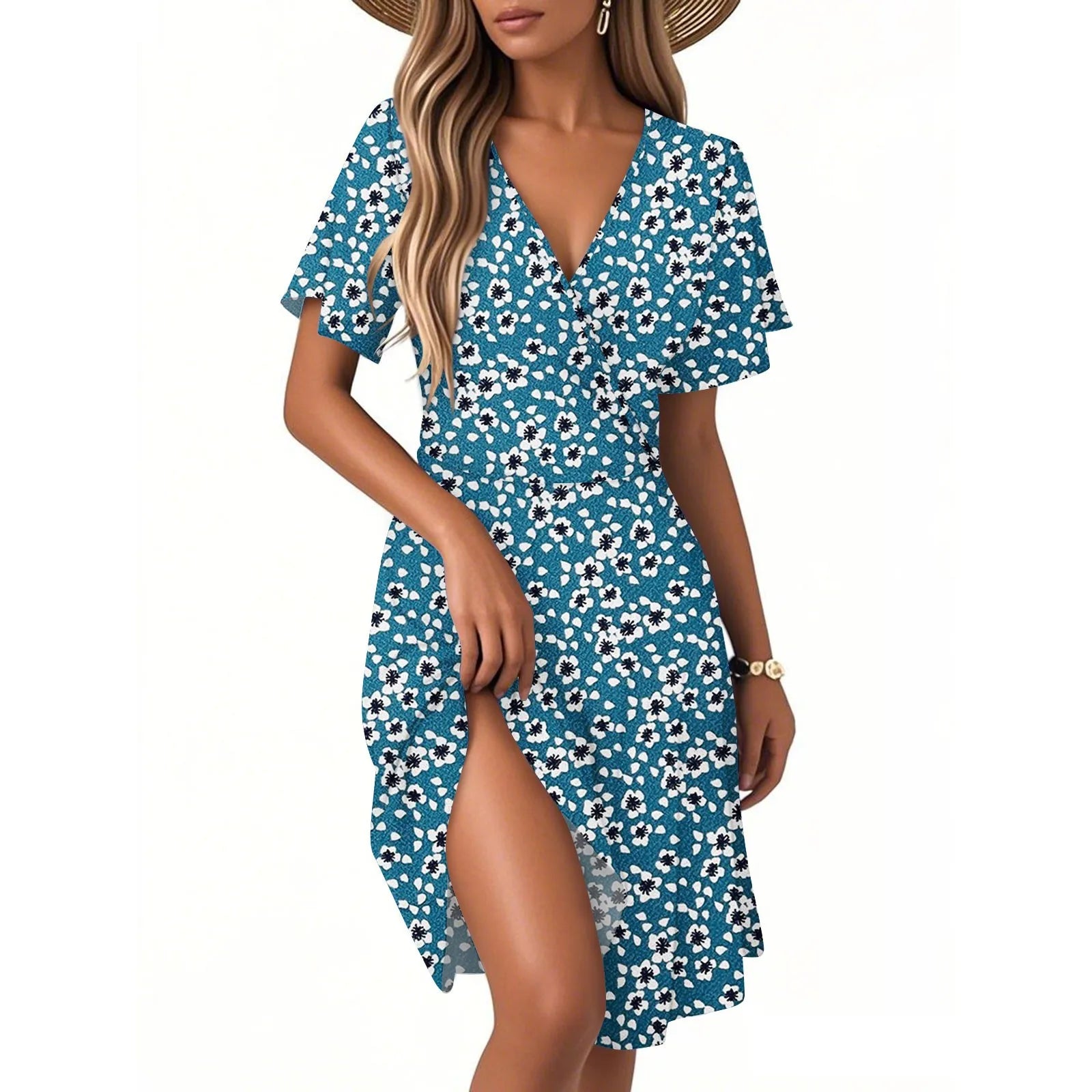 Women's Floral Short Sleeves Long Dress V-neck Sexy Casual Loose Elegant Dress Beach Hawaiian Holiday