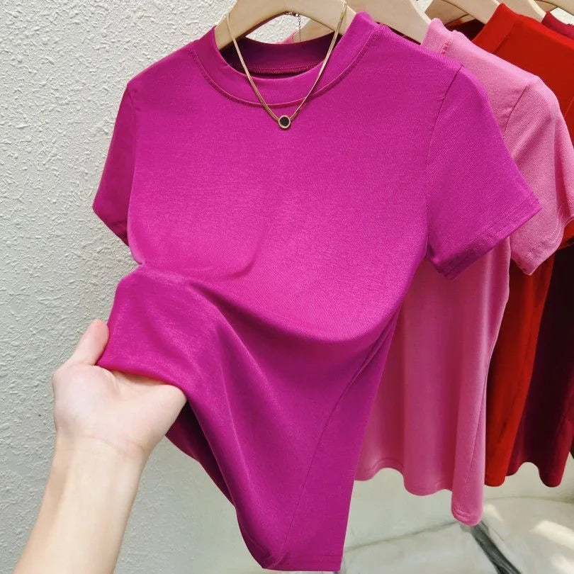 Crew Neck Fashion Women T-Shirt Street Casual, T-Shirt Solid Plus Size Top Tees Sexy Slim Summer Short Sleeve Women's Clothing.