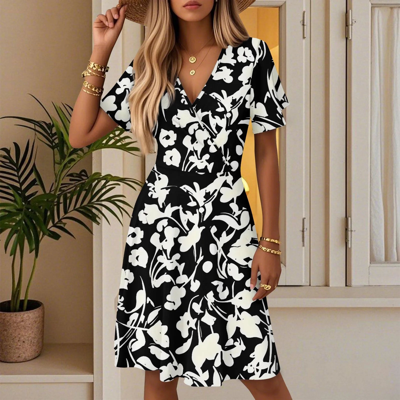 Women's Floral Short Sleeves Long Dress V-neck Sexy Casual Loose Elegant Dress Beach Hawaiian Holiday