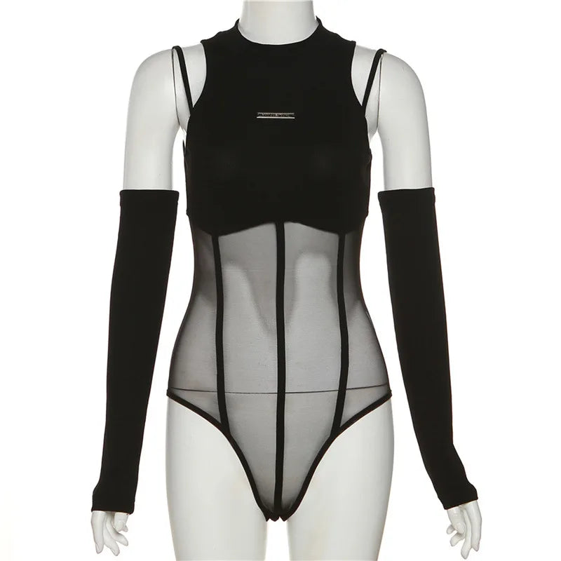 Black Bodysuit Lingerie  Body Feminino See Through Corset Top Women Rave Outfit Mesh Patchwork One-Pieces Lenceria Femenina