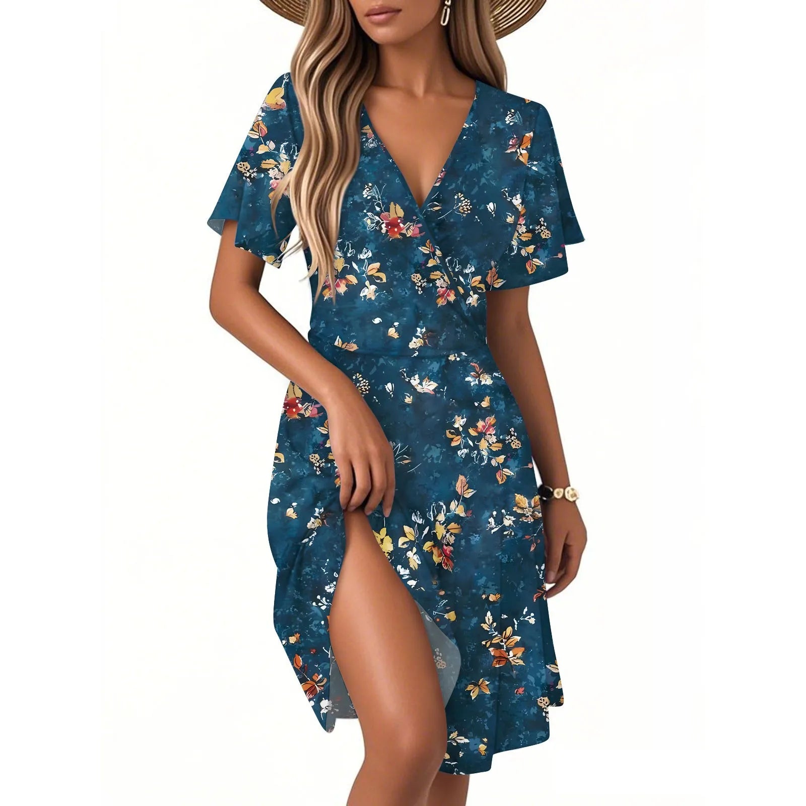 Women's Floral Short Sleeves Long Dress V-neck Sexy Casual Loose Elegant Dress Beach Hawaiian Holiday