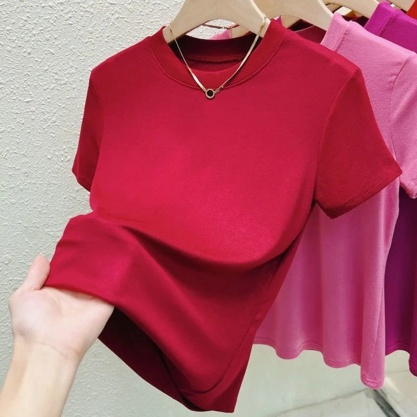 Crew Neck Fashion Women T-Shirt Street Casual, T-Shirt Solid Plus Size Top Tees Sexy Slim Summer Short Sleeve Women's Clothing.