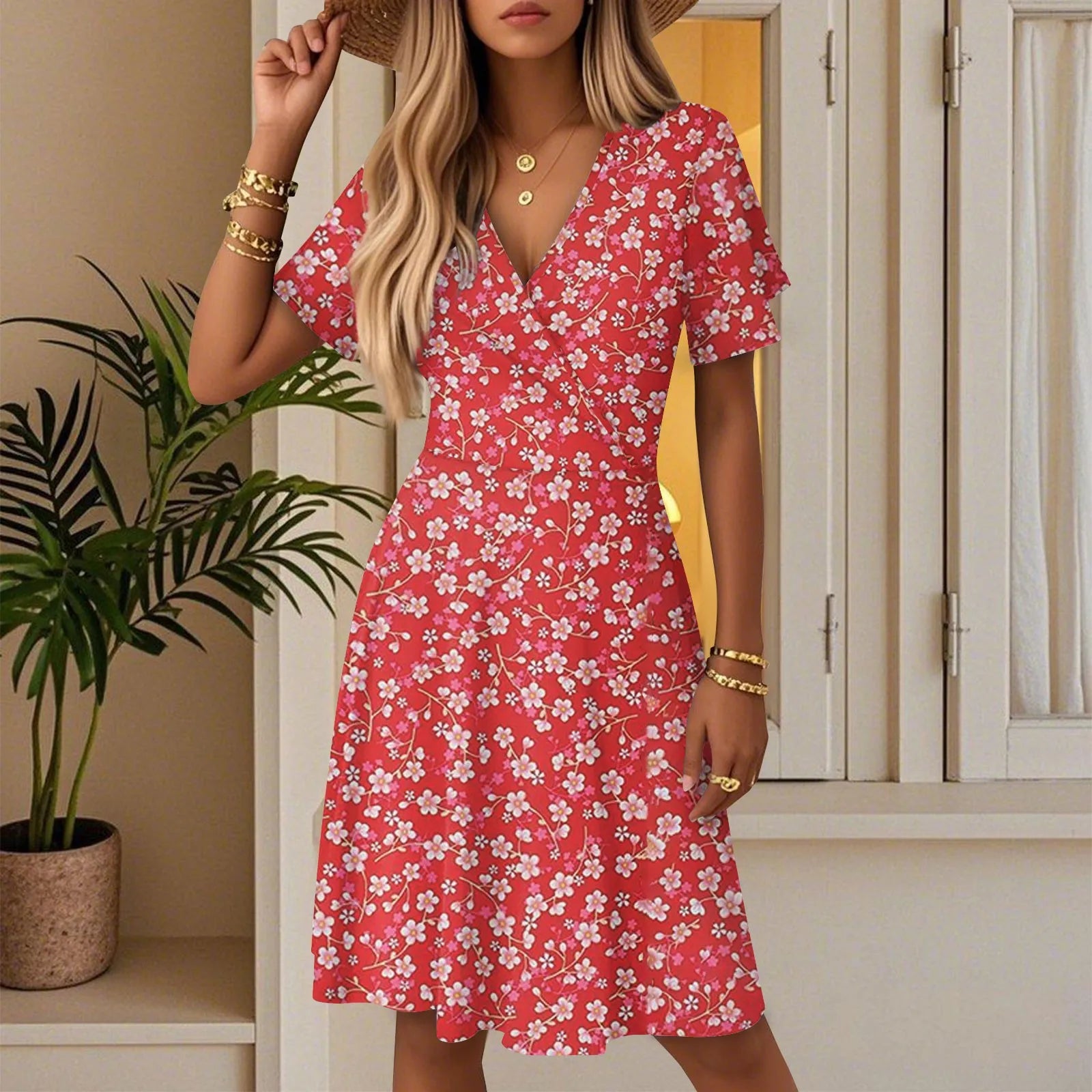 Women's Floral Short Sleeves Long Dress V-neck Sexy Casual Loose Elegant Dress Beach Hawaiian Holiday