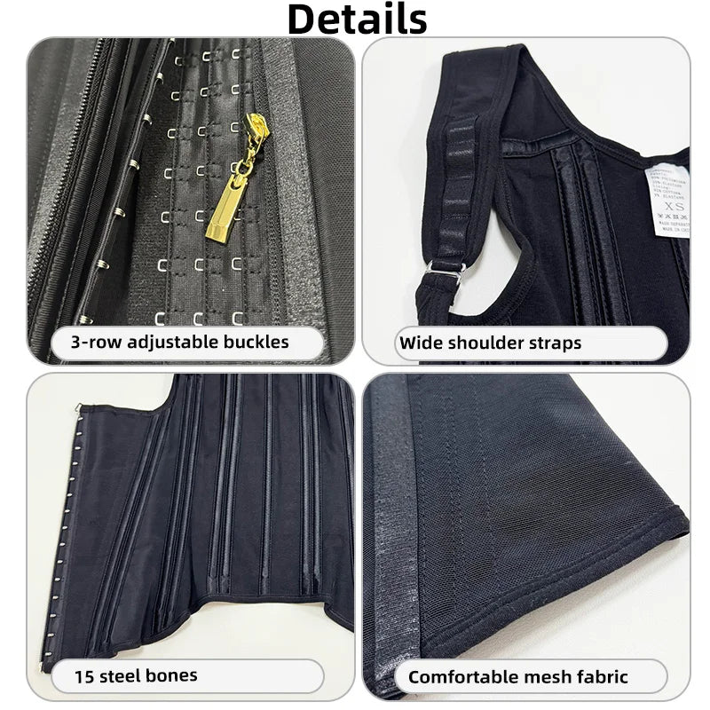 Fajas Colombianas Body Shaper Shapewear Women Vest Tops Double Compression Waist Trainer Corset Adjustable Zipper and Hook-eyes