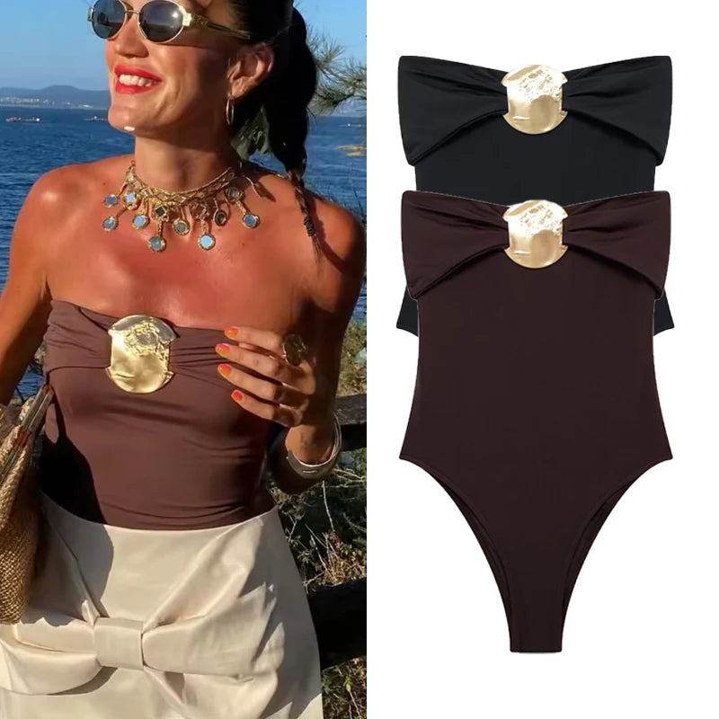 TRAF 2025 Womann Tops Bow Bodysuit Women Black Red Sleeveless Thong Bodysuit Gold Glitter Corset Rave Body suits.