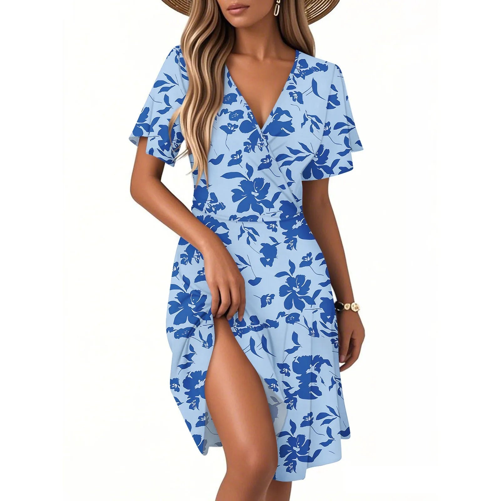 Women's Floral Short Sleeves Long Dress V-neck Sexy Casual Loose Elegant Dress Beach Hawaiian Holiday