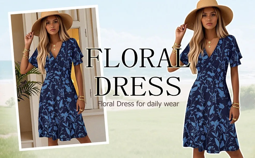 Women's Floral Short Sleeves Long Dress V-neck Sexy Casual Loose Elegant Dress Beach Hawaiian Holiday