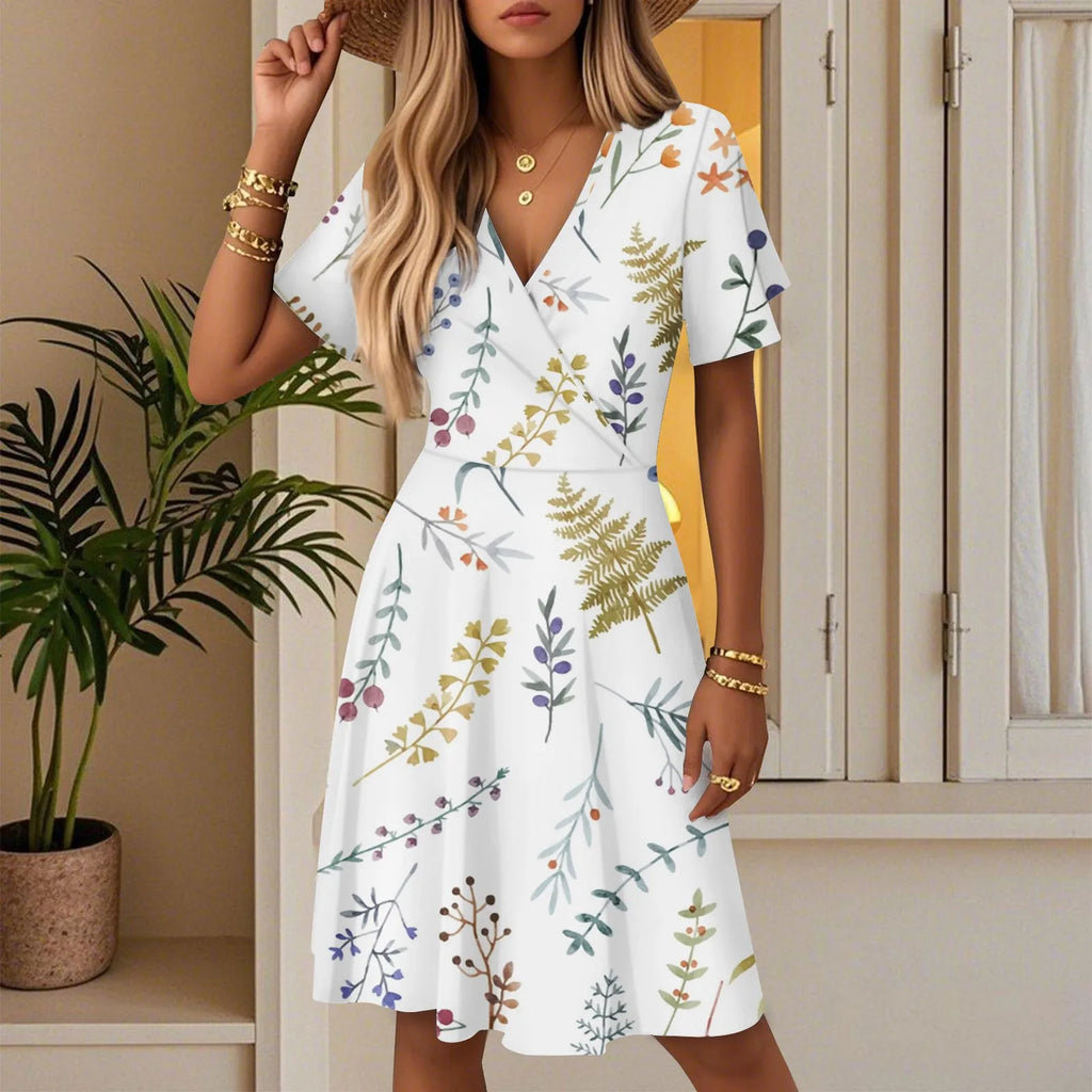 Women's Floral Short Sleeves Long Dress V-neck Sexy Casual Loose Elegant Dress Beach Hawaiian Holiday