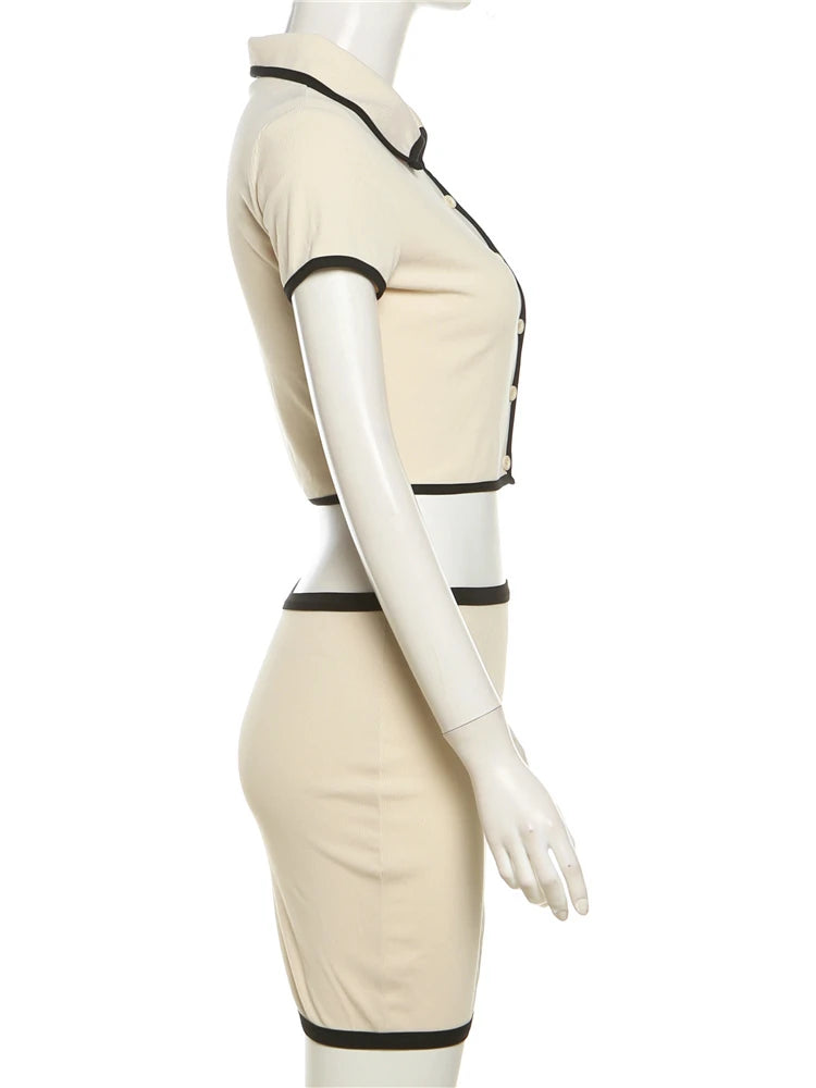 Weird Puss Ribbed Women 2 Piece Set Polo Neck Button Shorts Crop Tops+Mini Skirts Matching Stretch Elegant Streetwear Outfits