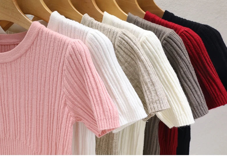 2025 Summer T shirts for Women Casual Female Korean Knit Streetwear Tees Basic Solid Young Cool Tops