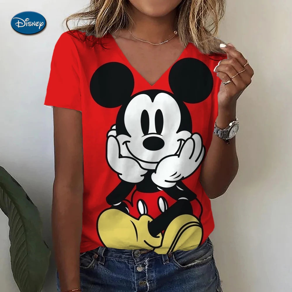 Women's T-shirts Disney Mickey Mouse 3D print New V-neck Short Sleeve Summer Casual