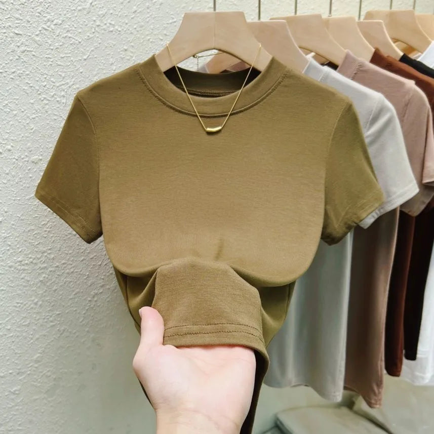 Crew Neck Fashion Women T-Shirt Street Casual, T-Shirt Solid Plus Size Top Tees Sexy Slim Summer Short Sleeve Women's Clothing.
