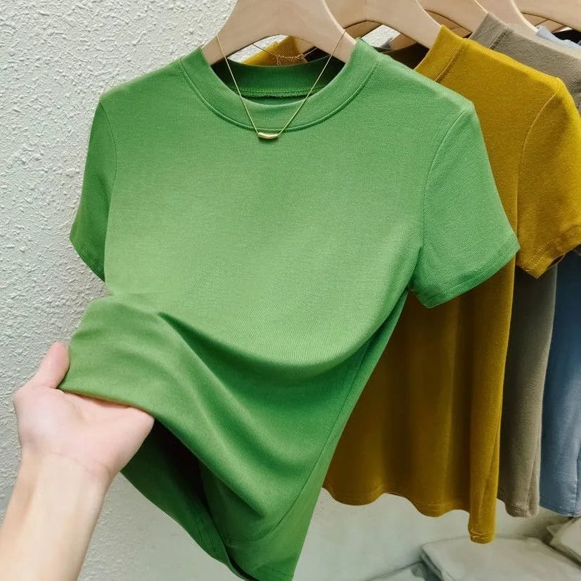 Crew Neck Fashion Women T-Shirt Street Casual, T-Shirt Solid Plus Size Top Tees Sexy Slim Summer Short Sleeve Women's Clothing.