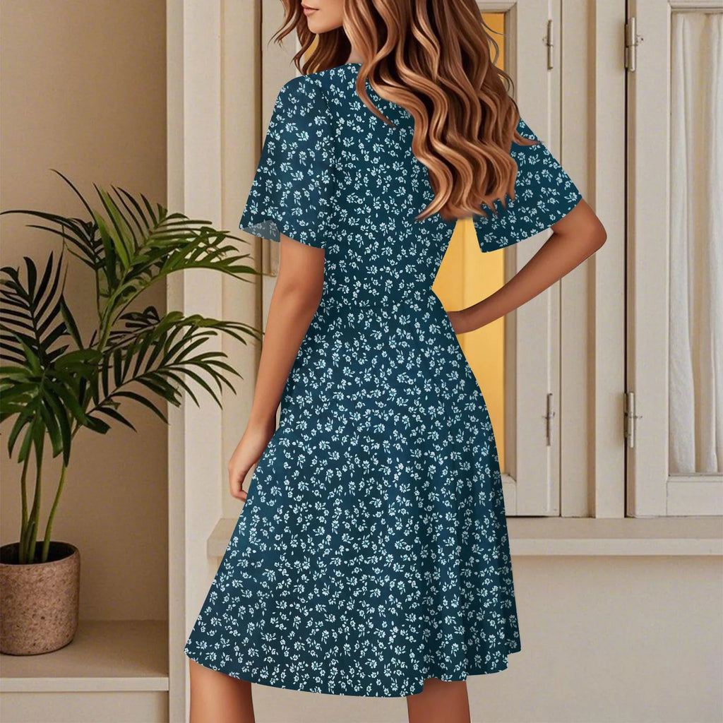 Women's Floral Short Sleeves Long Dress V-neck Sexy Casual Loose Elegant Dress Beach Hawaiian Holiday
