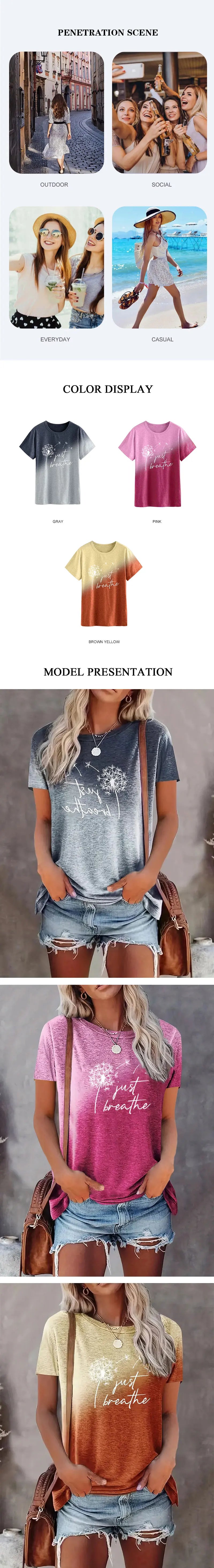 2025 New Spring Summer Women's T Shirt--Dandelion Gradient Printed Top Fashion Clothing Short Sleeve Matching  Clothes