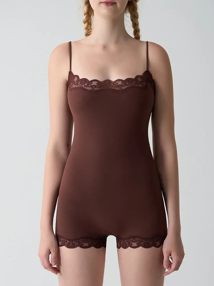 Women Lace Bodysuit Shaperwear Square Neck Sleeveless Spaghetti Strap Jumpsuit Slimming Bodycon Rompers Tank Tops