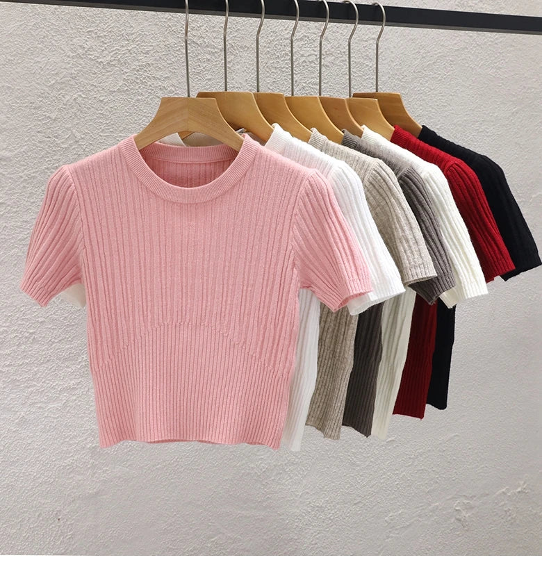 2025 Summer T shirts for Women Casual Female Korean Knit Streetwear Tees Basic Solid Young Cool Tops