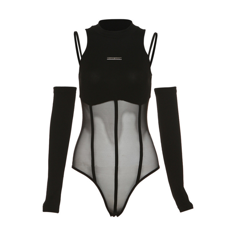 Black Bodysuit Lingerie  Body Feminino See Through Corset Top Women Rave Outfit Mesh Patchwork One-Pieces Lenceria Femenina